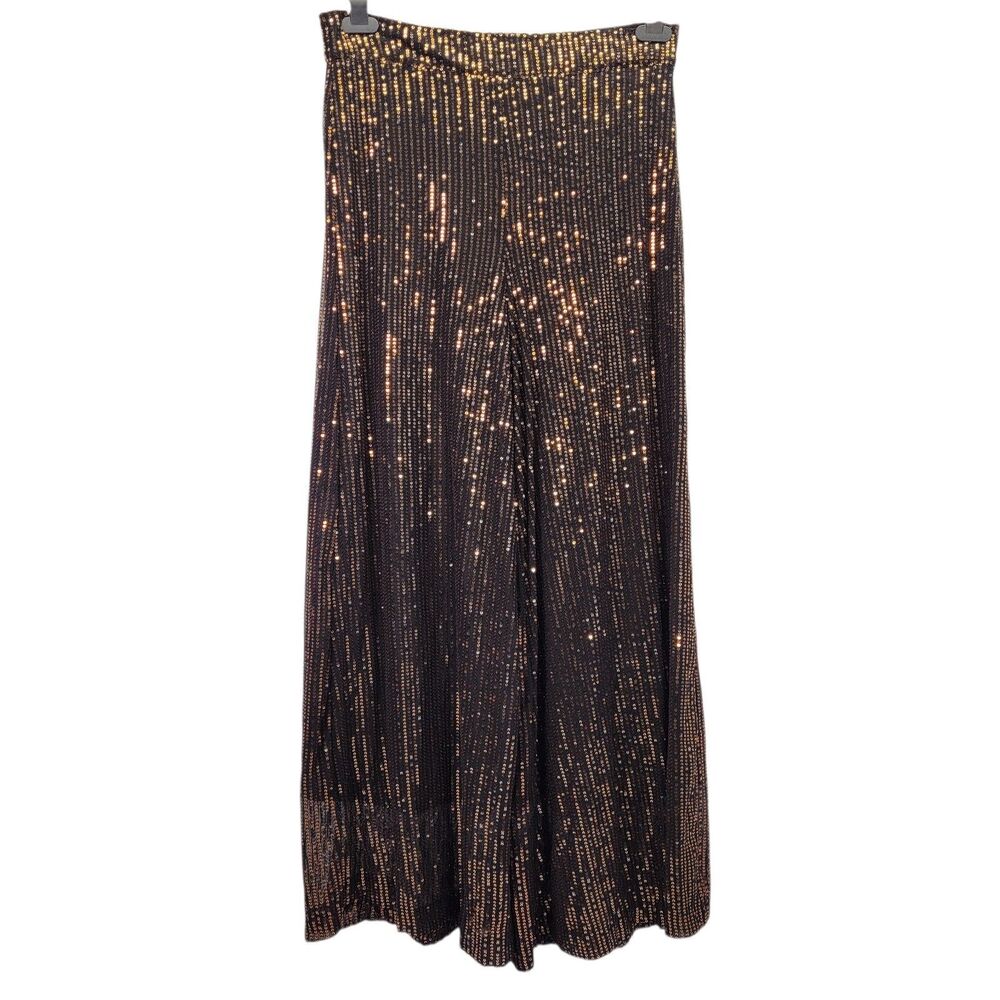 Women High Waist Wide Leg Sparkle Sequin Bling Glitter Shiny Long Pants Troser L